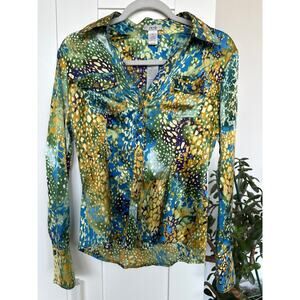 Vintage Cache Women's Silk Blouse with Multicolor Watercolor Print, Size XS, NWT